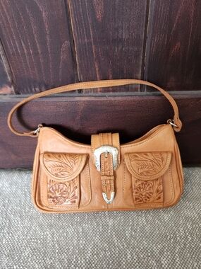American West Western Hand Tooled Tan Leather Silver Buckle Shoulder Bag Purse